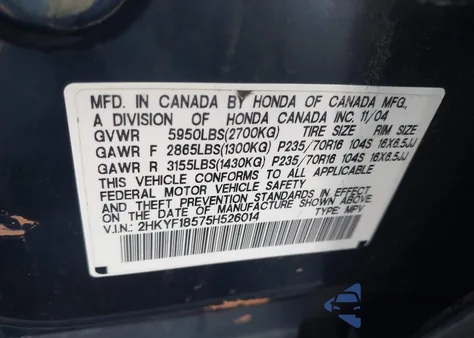 2005 Honda Pilot Ex-L from USA, damaged, VIN 2HKYF18575H526014